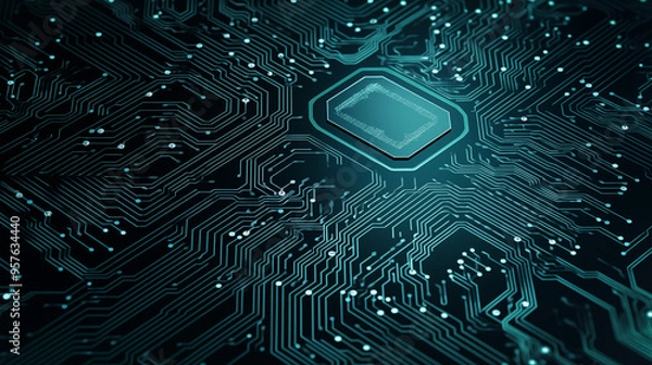 Fototapeta Close-Up Of Futuristic Circuit Board With Microchip Connections