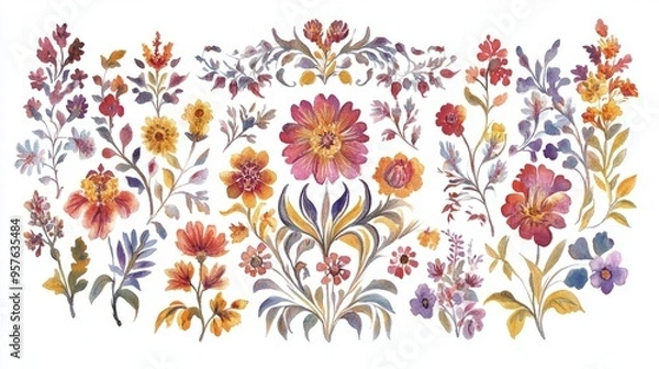 Obraz Mughal Garden Watercolor Elements: Elegant Botanical Illustrations