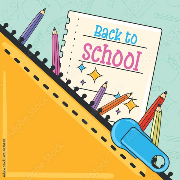 Obraz Yellow zipper pouch with pencils and back to school note Vector