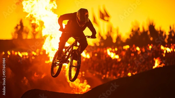 Fototapeta Defying Gravity, Embracing Fire: A silhouette of a BMX rider soars through a blazing inferno, capturing the heart-stopping thrill and audacity of extreme sports. 