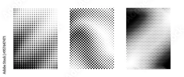 Fototapeta Grunge halftone gradient background set. Black grit sand noise texture collection. Retro dotted pixelated backdrop pack. Comic polka dot overlay with raster effect for banner, poster, print. Vector