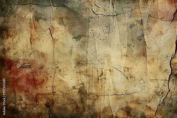 Fototapeta old, grungy, weathered wall texture with muted tones of beige, brown, and hints of red. Cracks and stains give it a vintage, worn look, ideal for backgrounds, scrapbooking, or artistic projects
