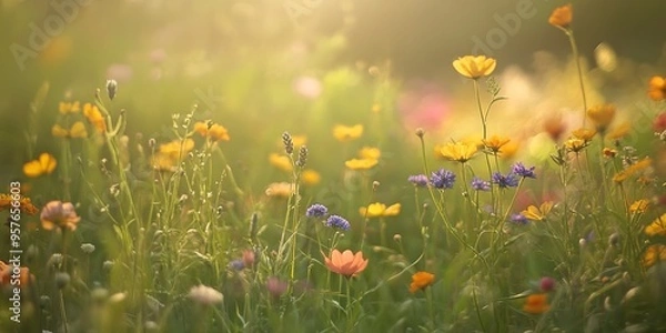Fototapeta A field of wildflowers in a natural setting, with a mix of colors creating a lively and harmonious scene 