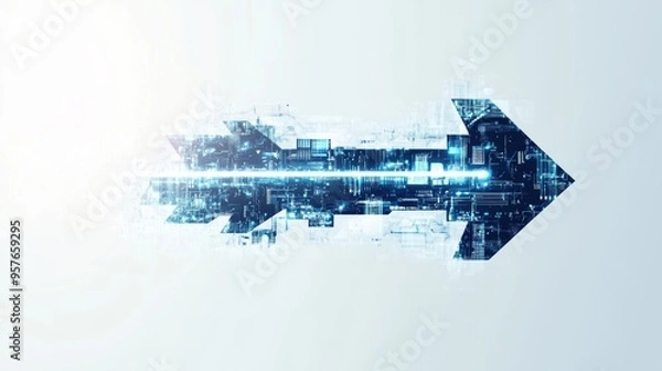 Fototapeta Digital Arrow of Progress: A dynamic arrow composed of binary code and digital elements points right, symbolizing forward momentum, technological advancement, and the digital age.