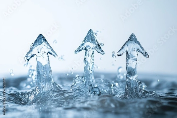 Obraz Water Arrow Growth: Three water arrows surge upward, symbolizing growth, progress, and ambition.  A powerful image for business, finance, or personal development, evoking a sense of optimism and momen