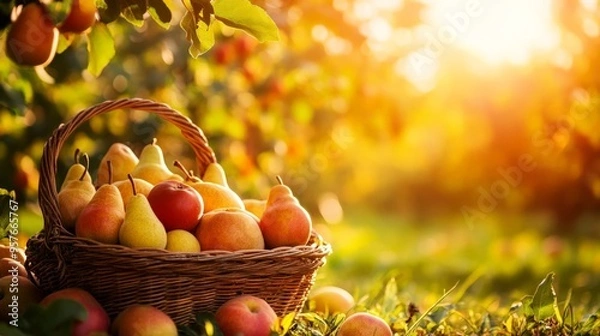 Fototapeta Basket filled with apples and pears in an orchard at sunset, capturing the essence of autumn harvest and nature's bounty.