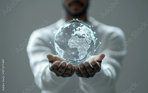 Fototapeta Close-up of hands holding a digital glowing globe with interconnected points symbolizing global technology, networking, and connectivity.