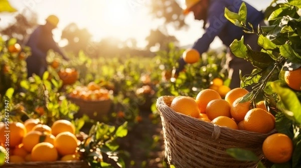 Fototapeta Farmers harvesting ripe oranges in a sunlit orchard. Fresh oranges in baskets, depicting the essence of agriculture and organic farming.