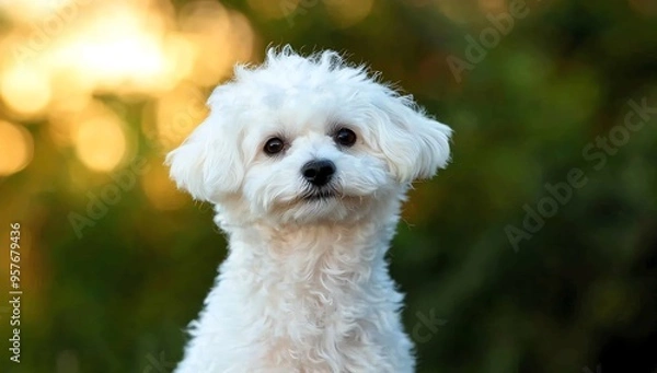 Fototapeta A fluffy white dog poses charmingly outdoors, showcasing its playful nature and adorable features against a soft background.