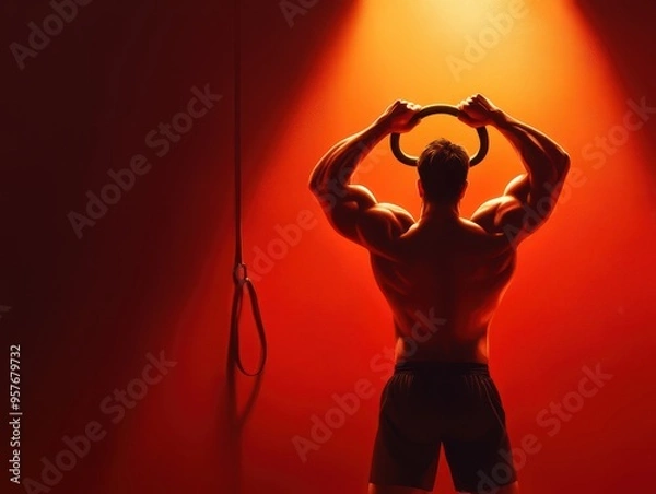 Fototapeta A muscular man performs an overhead kettlebell exercise in a dramatic, warm-toned gym setting, showcasing strength and dedication.