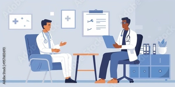 Obraz A doctor discussing treatment options with a patient covered by comprehensive health insurance, focusing on care access