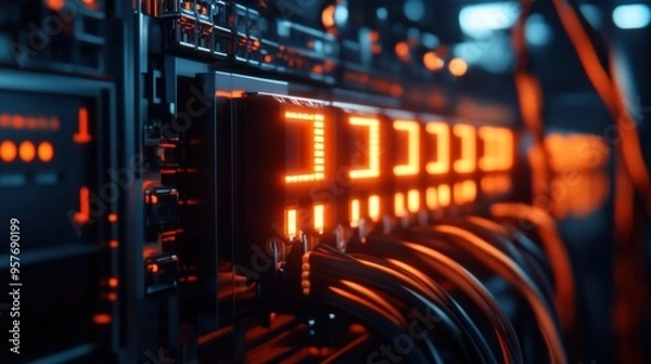 Fototapeta Close-up of a modern server with glowing lights and cables, showcasing advanced technology in a data center environment.