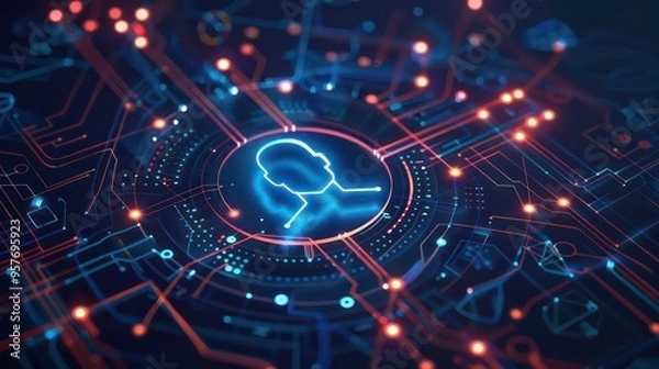 Obraz A glowing head with headphones icon in a circuit board, representing a futuristic and technology-driven concept.