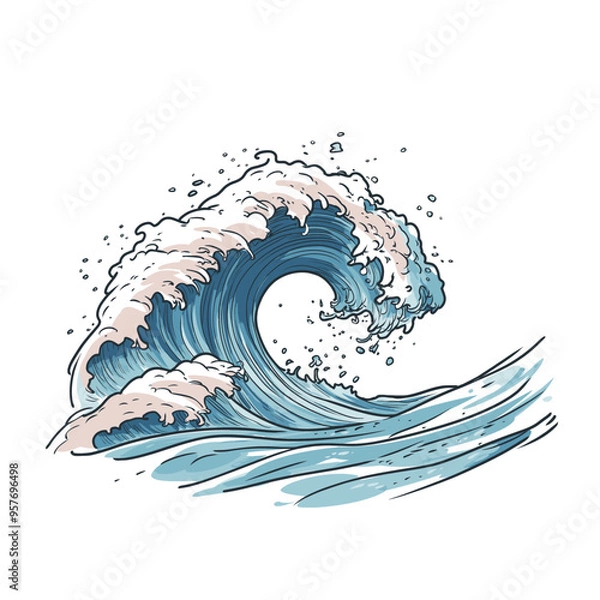 Fototapeta Sea waves sketch. Storm wave, vintage tide and ocean beach storms hand drawn vector illustration set