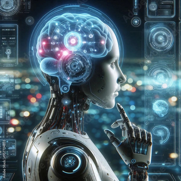 Fototapeta Futuristic robot with a transparent head showcasing a brain, set against a digital backdrop