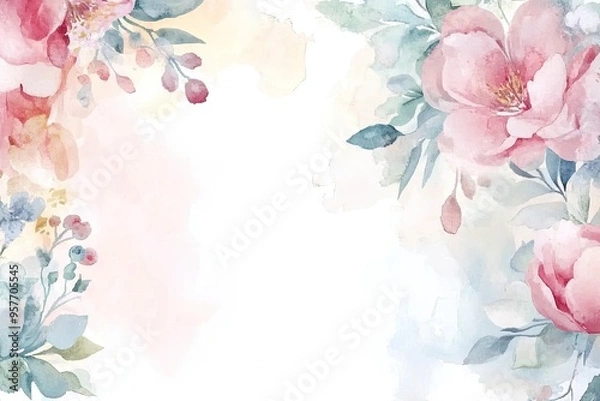 Fototapeta A beautiful watercolor floral frame with soft pink blooms and delicate greenery, perfect for invitations or greeting cards.