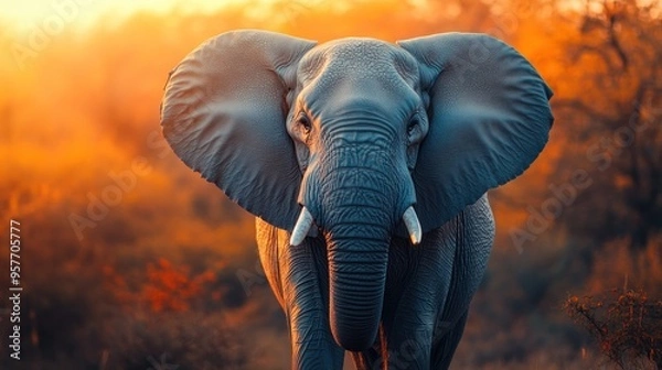 Fototapeta An Elephant Standing in Front of a Blurred Sunset Background