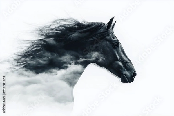 Fototapeta Black horse head with long mane flowing in the wind double exposure