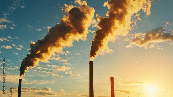Fototapeta Smoke Stacks and Clouds at Sunset