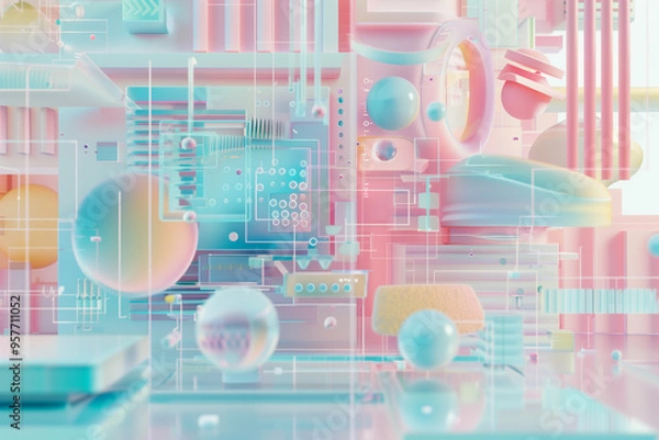 Fototapeta Abstract futuristic with floating spheres and blocks in pastel color. Hybrid Cloud Architecture with Secure Data Transfer. Minimal surreal art design.