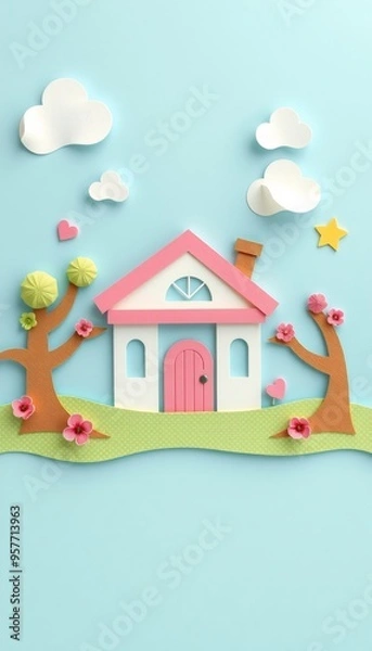 Fototapeta Paper craft house, trees, and clouds on a blue background.