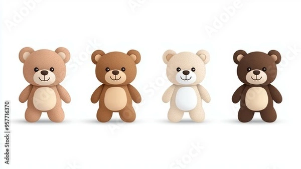 Fototapeta Four teddy bears of different colors standing in a row