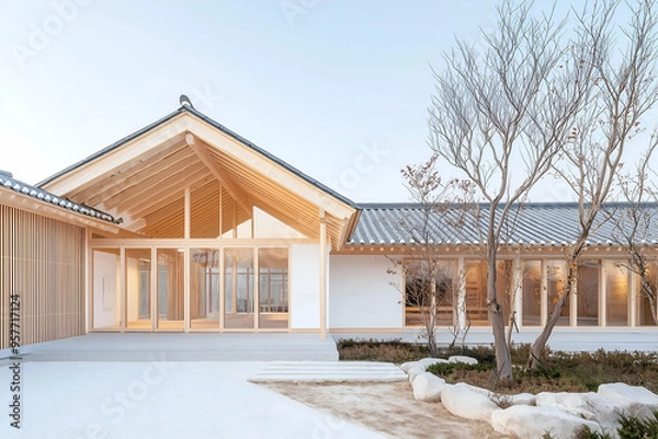 Fototapeta Traditional Korean Hanok House with Wooden Structure and Tiled Roof under Blue Sky