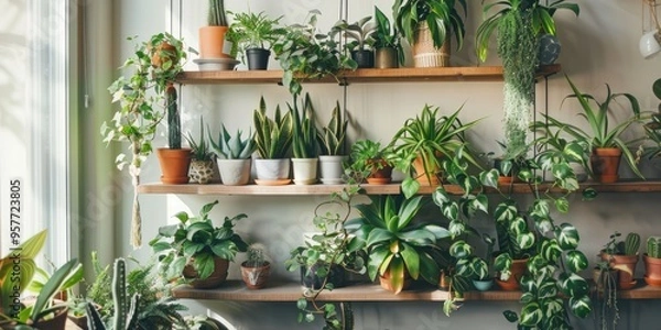 Fototapeta Light filled creative living space in a city dwelling enhanced by a diverse array of lush indoor plants including sansevierias zamioculcas nephrolepis chlorophytum philodendrons tradescantia