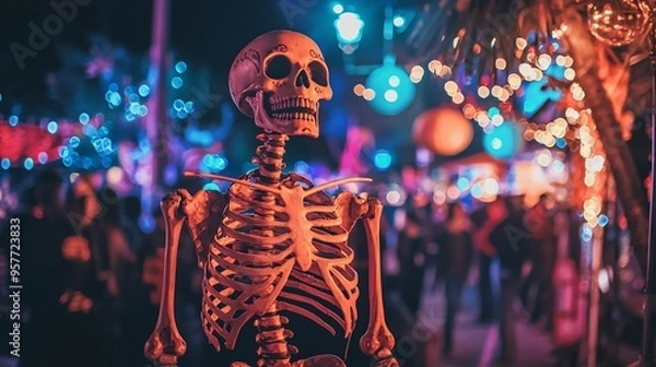 Fototapeta Vibrant Halloween Skeleton Festival with Colorful Decorations and Lively Crowd in the Nigh