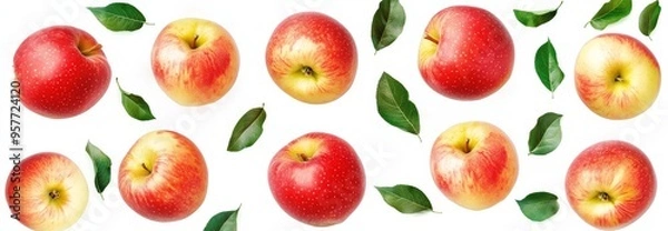 Fototapeta Set of red apples with leaves isolated on a white background