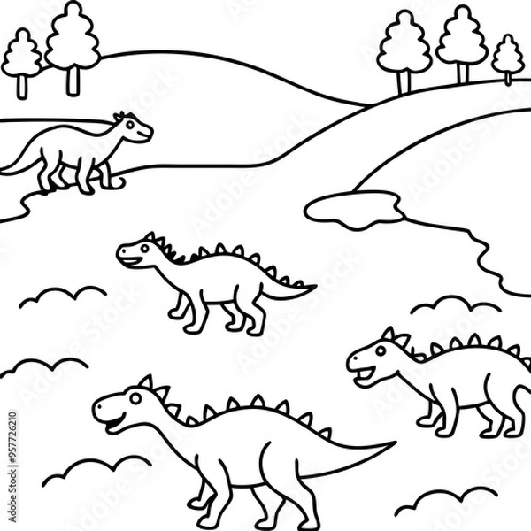 Fototapeta Dinosaur pack crossing a wide river