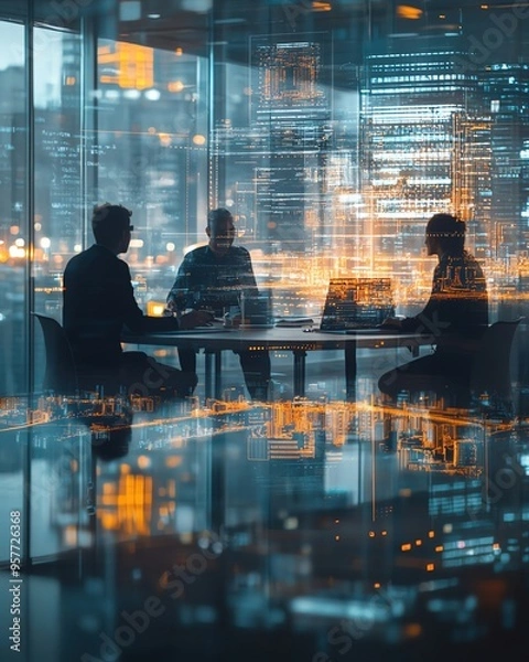 Fototapeta Multinational group of engineers and tech specialists working on innovative digital transformation projects