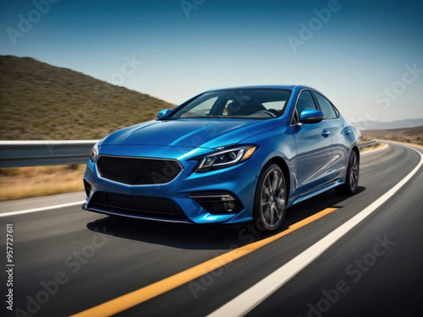 Obraz highspeed blue car on the road