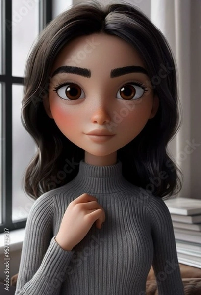 Obraz 3D Animated Female Character With Calm Expression In Gray Sweater