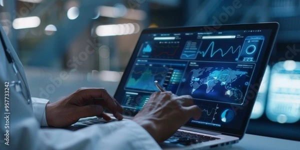 Fototapeta A medical professional using a laptop with patient records on the screen, representing healthcare technology and digital health solutions