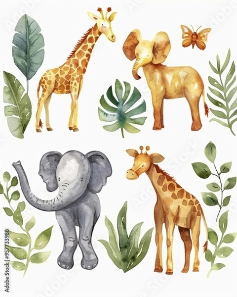Obraz Animal safari props, wild theme, watercolor illustration, isolated on white background