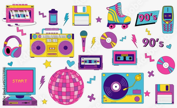 Fototapeta Back in to 90's themed collection. featuring music, tech, fashion, and lifestyle items. Perfect for nostalgic designs or retro inspired projects. Vector Illustration