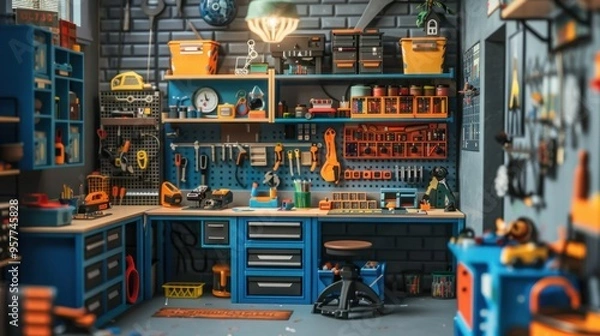 Obraz Craft Workshop: A versatile space equipped with workbenches, tools, and storage, designed to support various crafting and DIY activities efficiently.
