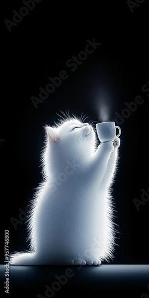 Obraz White Cat with a Cup