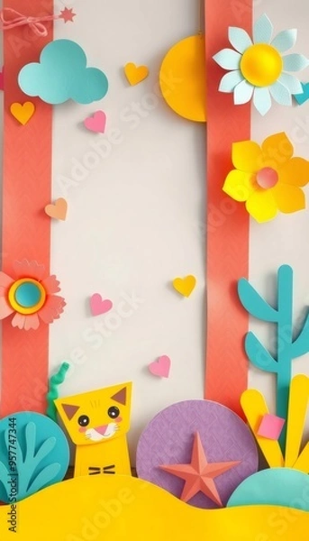 Obraz Colorful paper craft with cat, flowers, and hearts on white background.