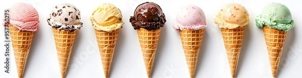 Fototapeta A row of seven ice cream cones in various flavors, including strawberry, chocolate chip, vanilla, chocolate, pistachio, and two more.