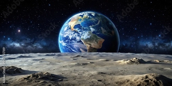 Fototapeta View of the Earth from the surface of the Moon with dark sky and stars, space, moon, earth, view, planet