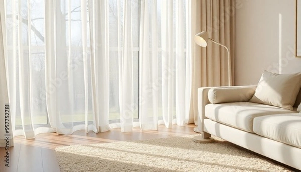 Fototapeta a cozy modern interior design scene with natural light filtering through sheer curtains, highlighting the textures of a beige rug and a sleek floor lamp beside an off-white couch.