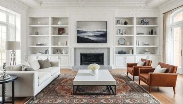 Fototapeta a minimalist living room with a neutral color palette, featuring a white sofa, leather armchairs, and a central coffee table over an ornate rug