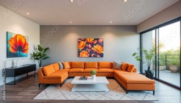 Fototapeta a modern living room with large windows, an orange sofa, a white coffee table, and vibrant wall art