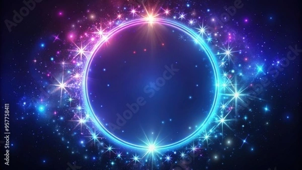 Fototapeta Neon light circular frame surrounded by sparkling stars, neon, light, circular, frame, stars, sparkling, glow