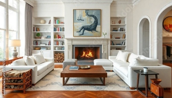 Fototapeta an elegant living room with a white sectional sofa, a wooden coffee table, and a fireplace with a roaring fire
