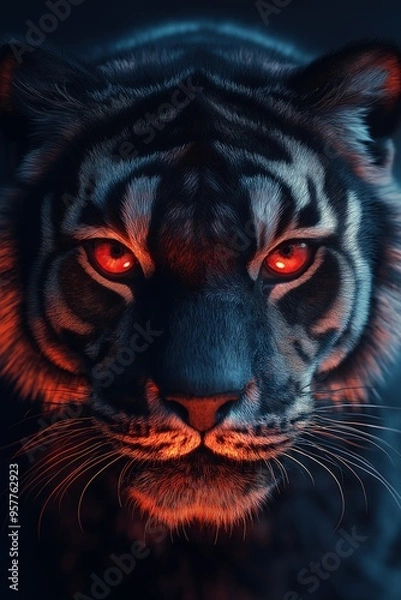Fototapeta Close-up illustration of a tiger's face with glowing red eyes and neon lighting in a dark setting
