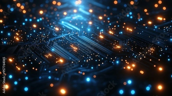 Obraz Abstract Circuit Board with Glowing Blue and Orange Lights
