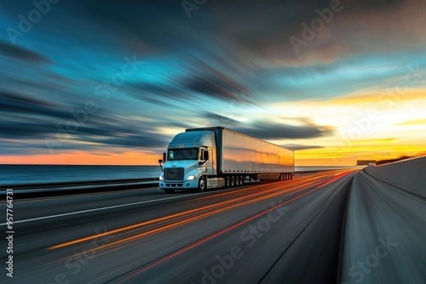 Fototapeta A transport truck speeding along a coastal highway at sunset, with motion blur enhancing the sense of rapid movement and efficient logistics